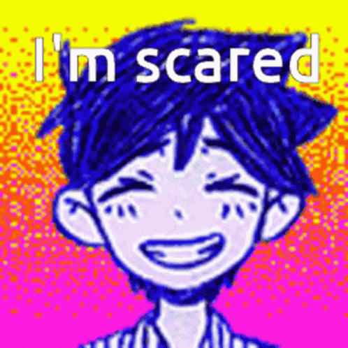 A Cartoon Of A Boy With Blue Hair Is Smiling And Says `` I 'M Scared '' . GIF