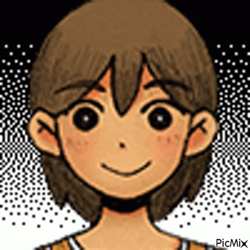 A Cartoon Of A Boy With Brown Hair And Black Eyes Smiling . GIF