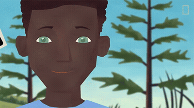 A Cartoon Of A Boy With Green Eyes And A Blue Shirt GIF