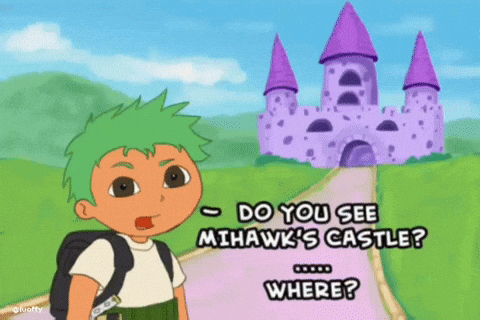 A Cartoon Of A Boy With Green Hair Asking Do You See Mihawk 'S Castle Where GIF