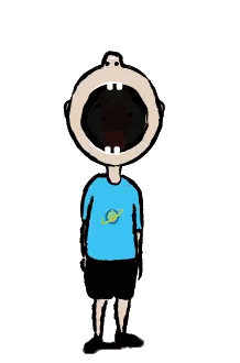A Cartoon Of A Boy With His Mouth Open Wearing A Blue Shirt With A Planet On It Sticker