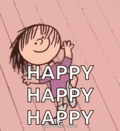 A Cartoon Of A Boy With The Words `` Happy Happy Happy '' Written On It . GIF