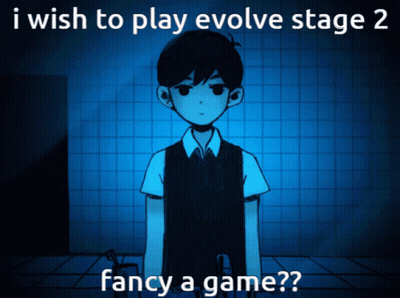 A Cartoon Of A Boy With The Words " I Wish To Play Evolve Stage 2 Fancy A Game " Below Him GIF