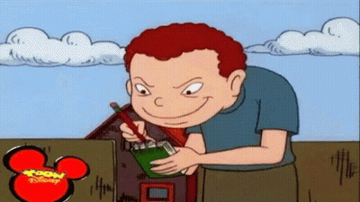 A Cartoon Of A Boy Writing In A Notebook With A Mickey Mouse Logo Behind Him GIF