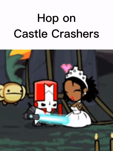 A Cartoon Of A Bride And Groom With The Words Hop On Castle Crashers GIF