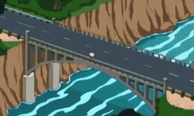 A Cartoon Of A Bridge Over A River With A Car On It GIF