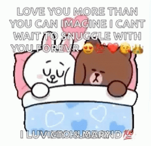 A Cartoon Of A Brown And White Bear Laying In A Bed With Hearts On It . GIF