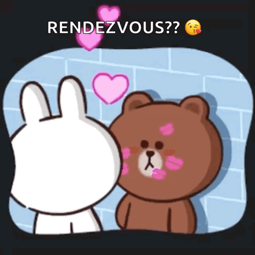A Cartoon Of A Brown Bear And A White Rabbit Kissing With Rendezvous Written On The Bottom GIF