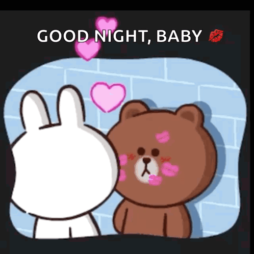 A Cartoon Of A Brown Bear And A White Rabbit Kissing With The Words " Good Night Baby " Above Them GIF