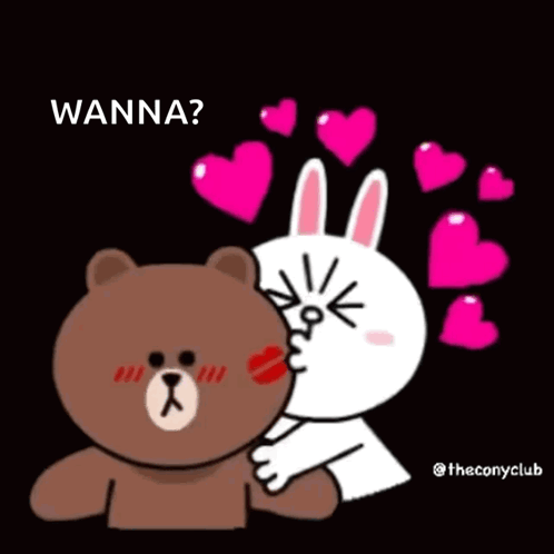 A Cartoon Of A Brown Bear Kissing A White Rabbit With The Words " Wanna " Below Them GIF