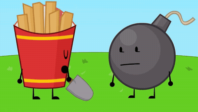 A Cartoon Of A Bucket Of French Fries And A Bomb Standing Next To Each Other GIF