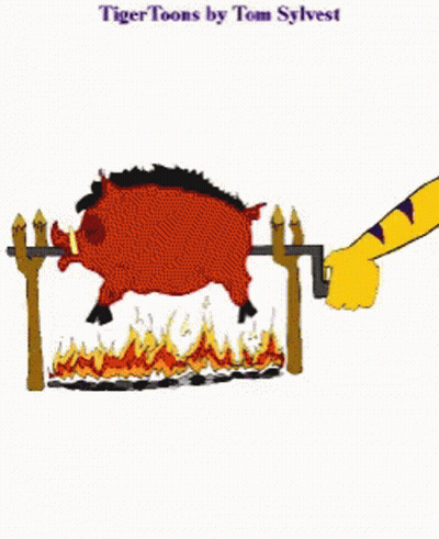 A Cartoon Of A Bull Being Roasted On A Spit By Tiger Toons GIF