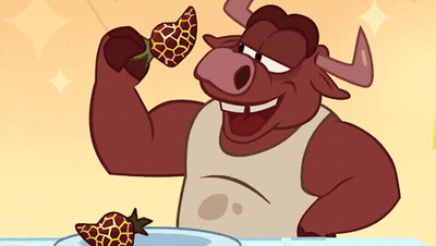 A Cartoon Of A Bull Eating A Strawberry GIF