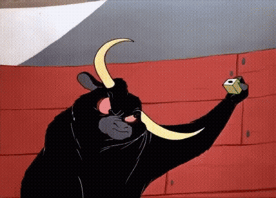 A Cartoon Of A Bull Holding A Cube In Its Hand GIF