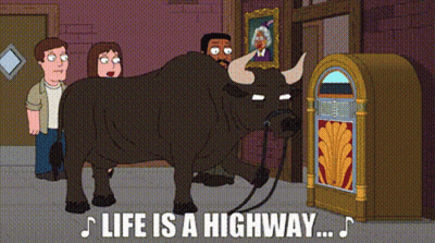 A Cartoon Of A Bull Standing Next To A Jukebox With The Words Life Is A Highway Below It GIF