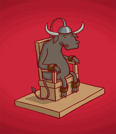 A Cartoon Of A Bull Wearing A Helmet And Chains Sitting In A Chair GIF