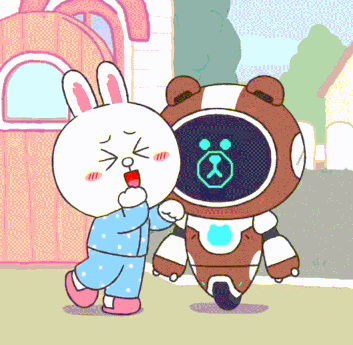 A Cartoon Of A Bunny And A Robot With A Smiley Face GIF
