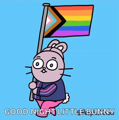 A Cartoon Of A Bunny Holding A Rainbow Flag And The Words Good Night Little Bunny Below It GIF