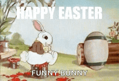 A Cartoon Of A Bunny Sitting On A Rock With The Words `` Happy Easter Funny Bunny '' . GIF