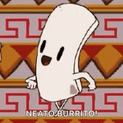 A Cartoon Of A Burrito With Arms And Legs Is Dancing In Front Of A Patterned Wall . GIF