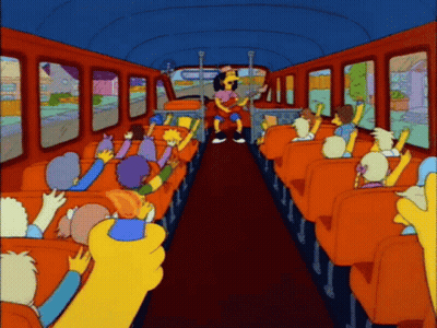 A Cartoon Of A Bus With A Man Playing A Guitar In The Back GIF