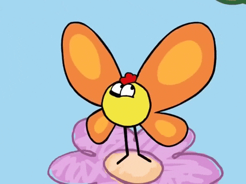 A Cartoon Of A Butterfly With Orange Wings Standing On A Pink Flower GIF