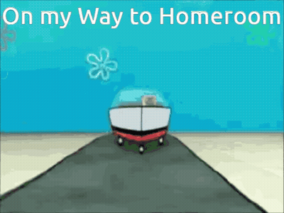 A Cartoon Of A Car Driving Down A Road With The Words On My Way To Homeroom Above It GIF