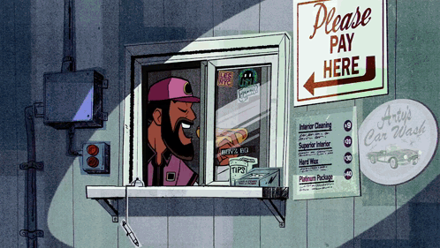 A Cartoon Of A Car Wash With A Sign That Says " Please Pay Here " GIF