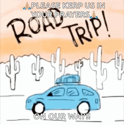 A Cartoon Of A Car With A Luggage Bag On Top Of It And Cactus In The Desert . GIF