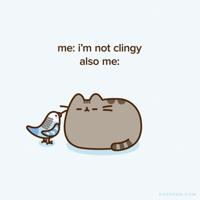 A Cartoon Of A Cat And A Bird With The Words " Me I 'M Not Clingy Also Me " GIF
