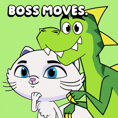 A Cartoon Of A Cat And A Dinosaur With The Words Boss Moves Written Above Them GIF