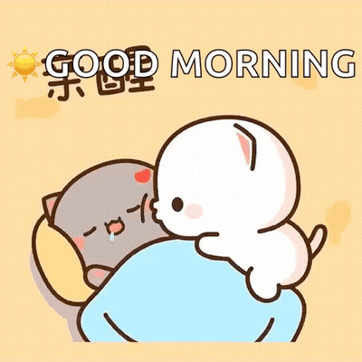 A Cartoon Of A Cat And A Dog Hugging Each Other With The Words `` Good Morning '' Below Them . GIF