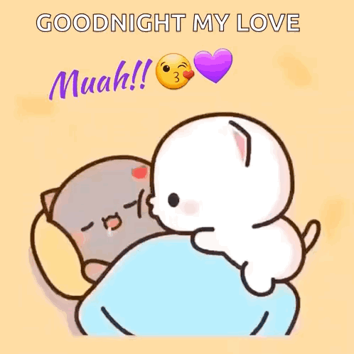 A Cartoon Of A Cat And A Dog Hugging Each Other With The Words `` Goodnight My Love Muah '' . GIF