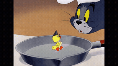 A Cartoon Of A Cat And A Duck In A Pan GIF
