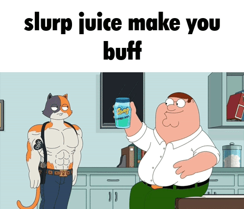 A Cartoon Of A Cat And A Man Holding A Can Of Slurp Juice GIF