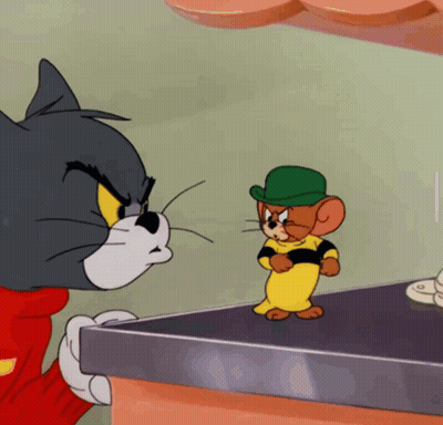 A Cartoon Of A Cat And A Mouse Standing Next To Each Other GIF