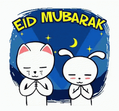 A Cartoon Of A Cat And A Rabbit With The Words Eid Mubarak Above Them GIF
