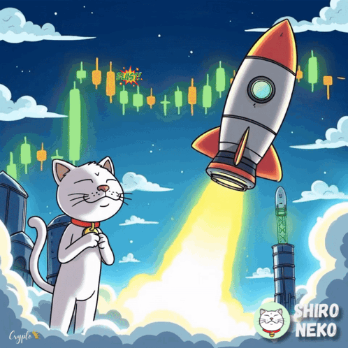 A Cartoon Of A Cat And A Rocket That Says Shiro Neko On It GIF