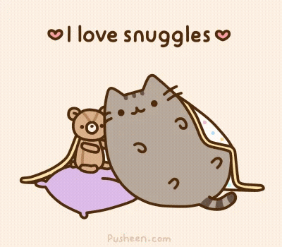 A Cartoon Of A Cat And A Teddy Bear With The Words " I Love Snuggles " Above It GIF