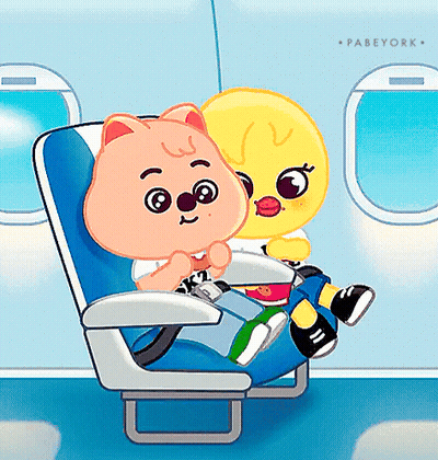 A Cartoon Of A Cat And A Yellow Bird Sitting On An Airplane GIF