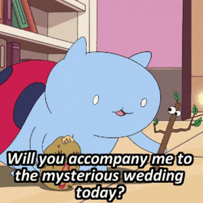 A Cartoon Of A Cat Asking " Will You Accompany Me To The Mysterious Wedding Today ? " GIF