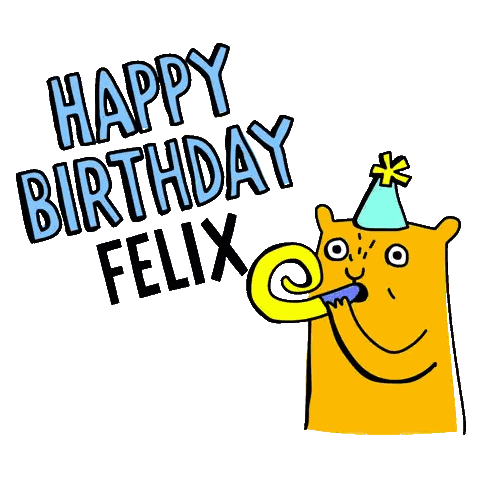 A Cartoon Of A Cat Blowing A Party Horn With The Words Happy Birthday Felix Sticker