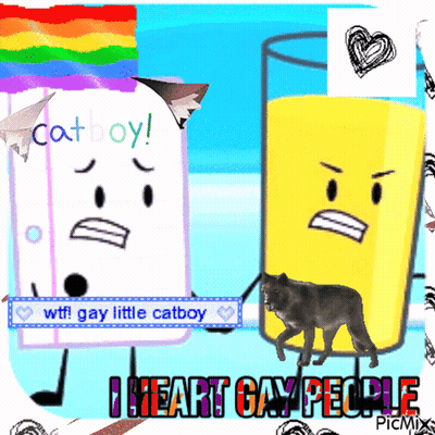 A Cartoon Of A Cat Boy And A Glass Of Orange Juice With The Caption I Heart Gay People GIF