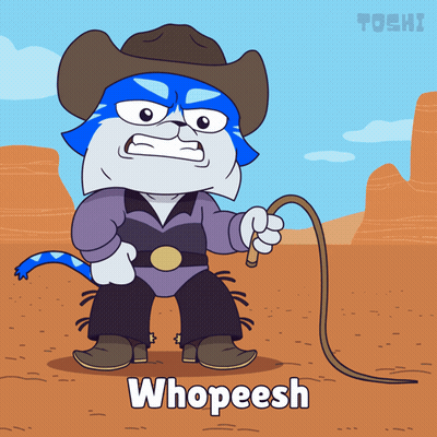 A Cartoon Of A Cat Dressed As A Cowboy Holding A Lasso And The Word Whopeesh Below Him GIF