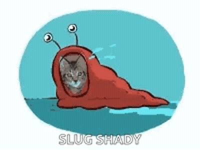 A Cartoon Of A Cat Dressed As A Slug With Eyes . GIF
