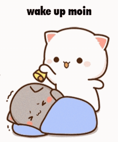 A Cartoon Of A Cat Drinking From A Cup With The Words Wake Up Moin Written Above It GIF