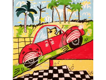 A Cartoon Of A Cat Driving A Red Car Down A Hill Sticker