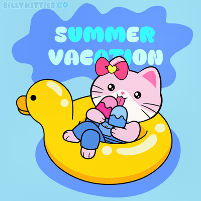 A Cartoon Of A Cat Floating On A Rubber Duck With The Words Summer Vacation Written Above It GIF
