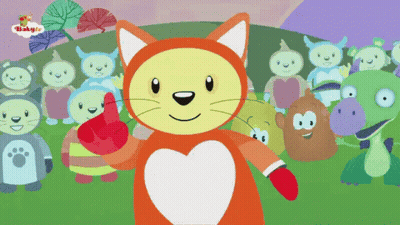 A Cartoon Of A Cat Giving A Thumbs Up In Front Of A Group Of Stuffed Animals GIF