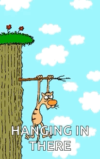 A Cartoon Of A Cat Hanging On A Tree Branch GIF